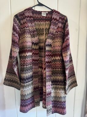 Vintage-Inspired Multicolor Zigzag Open Cardigan Sweater - Pink